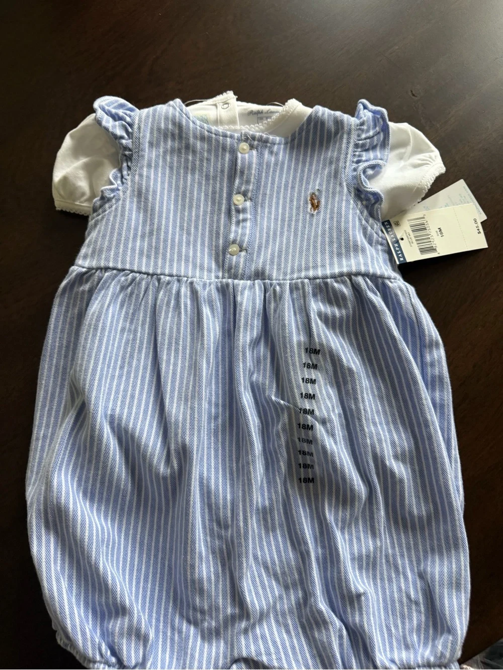 Ralph Lauren Light Blue & White Striped Baby Bubble Romper with Embroidered Pony